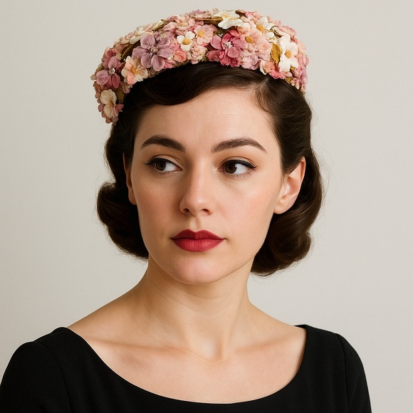 Vintage Accessories - Vintage 1950s Jillé Original Pink Floral Hat Millinery Flower Cap Fascinator